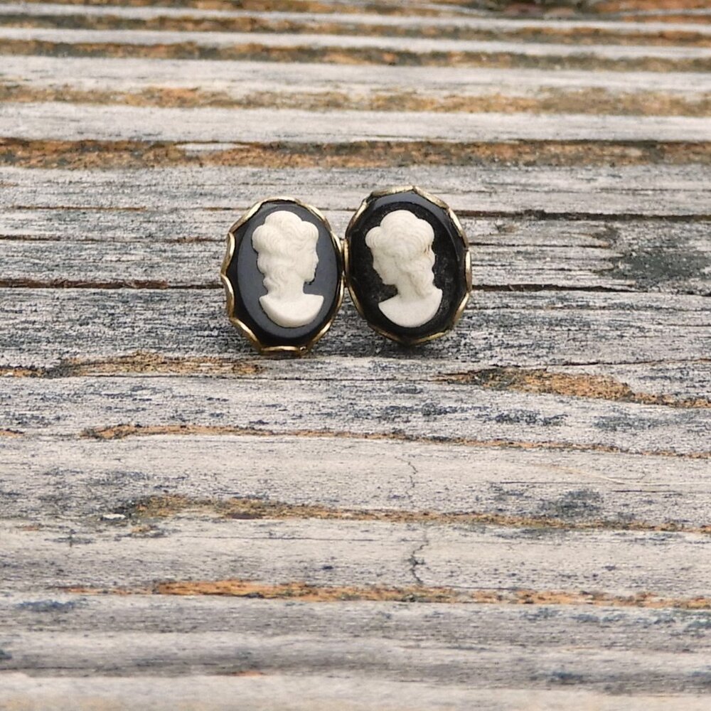 Vintage, Petite Cameo Earrings - Slightly Mismatched Pair - Off-White on Black